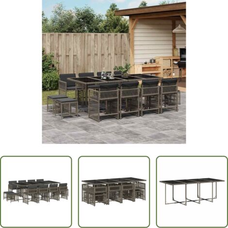 vidaXL Tavolo da giardino -  Set da Pranzo da Giardino 13pz con Cuscini Grigio in Polyrattan