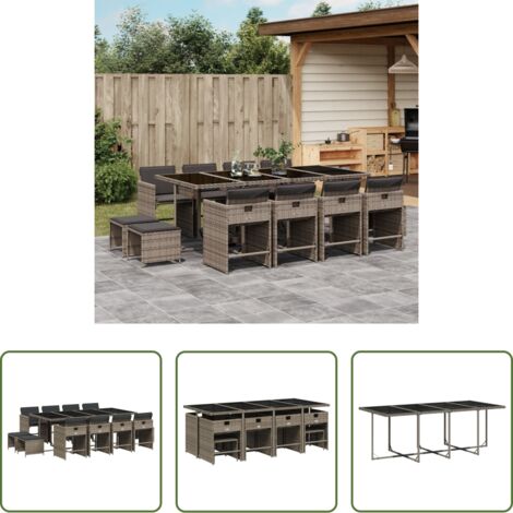 vidaXL Tavolo da giardino -  Set da Pranzo da Giardino 13pz con Cuscini Grigio in Polyrattan