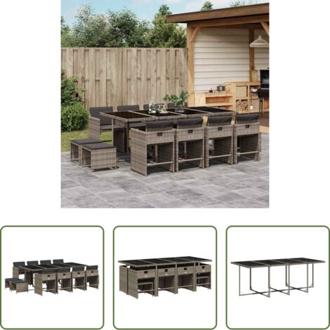 vidaXL Tavolo da giardino -  Set da Pranzo da Giardino 13pz con Cuscini Grigio in Polyrattan