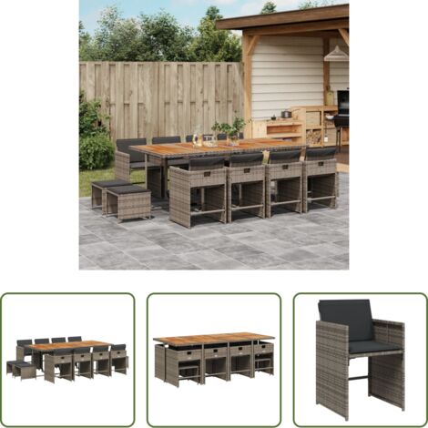 vidaXL Tavolo da giardino -  Set da Pranzo da Giardino 13pz con Cuscini Grigio in Polyrattan