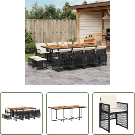 vidaXL Tavolo da giardino -  Set da Pranzo da Giardino 13pz con Cuscini Nero in Polyrattan