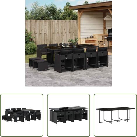 vidaXL Tavolo da giardino -  Set da Pranzo da Giardino 13pz con Cuscini Nero in Polyrattan