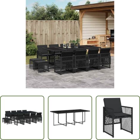 vidaXL Tavolo da giardino -  Set da Pranzo da Giardino 13pz con Cuscini Nero in Polyrattan