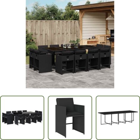 vidaXL Tavolo da giardino -  Set da Pranzo da Giardino 13pz con Cuscini Nero in Polyrattan