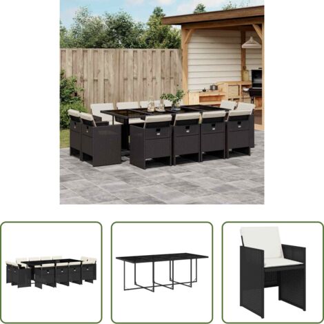 vidaXL Tavolo da giardino -  Set da Pranzo da Giardino 13pz con Cuscini Nero in Polyrattan