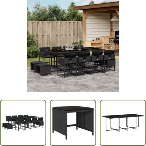 vidaXL Tavolo da giardino -  Set da Pranzo da Giardino 13pz con Cuscini Nero in Polyrattan