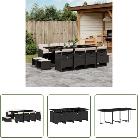 vidaXL Tavolo da giardino -  Set da Pranzo da Giardino 13pz con Cuscini Nero in Polyrattan