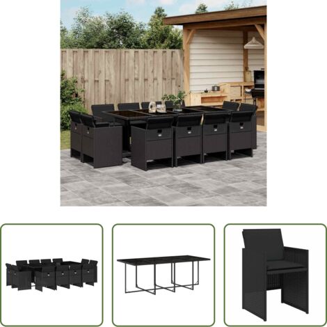 vidaXL Tavolo da giardino -  Set da Pranzo da Giardino 13pz con Cuscini Nero in Polyrattan