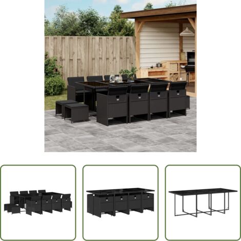vidaXL Tavolo da giardino -  Set da Pranzo da Giardino 13pz con Cuscini Nero in Polyrattan