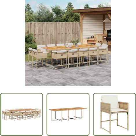 vidaXL Tavolo da giardino -  Set da Pranzo da Giardino 15 pz con Cuscini Beige in Polyrattan