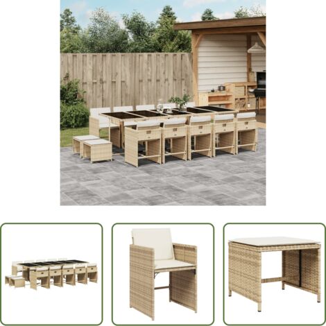 vidaXL Tavolo da giardino -  Set da Pranzo da Giardino 15 pz con Cuscini Beige in Polyrattan