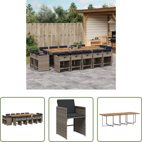 vidaXL Tavolo da giardino -  Set da Pranzo da Giardino 15 pz con Cuscini Grigio Polyrattan