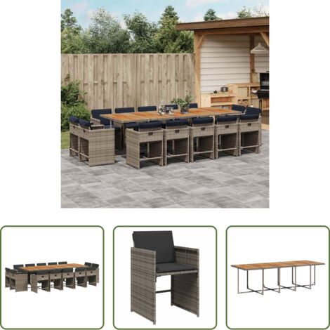 vidaXL Tavolo da giardino -  Set da Pranzo da Giardino 15 pz con Cuscini Grigio Polyrattan