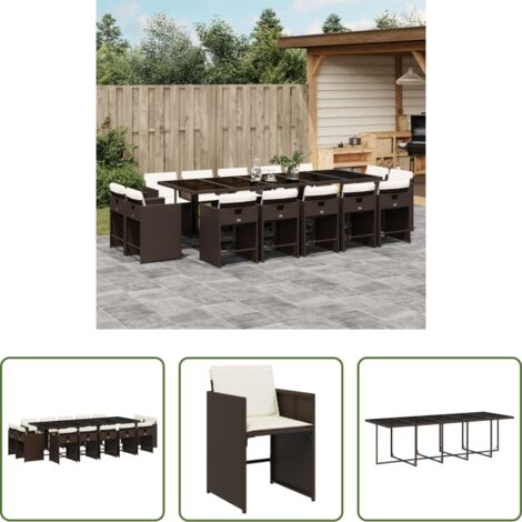 vidaXL Tavolo da giardino -  Set da Pranzo da Giardino 15 pz con Cuscini Marrone Polyrattan