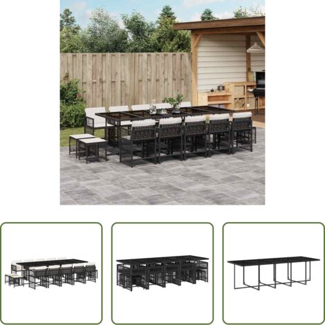 vidaXL Tavolo da giardino -  Set da Pranzo da Giardino 15 pz con Cuscini Nero in Polyrattan