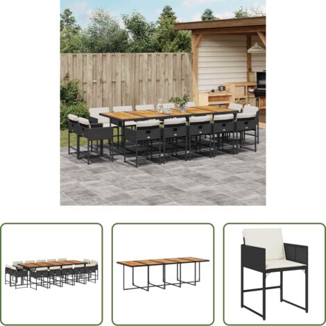 vidaXL Tavolo da giardino -  Set da Pranzo da Giardino 15 pz con Cuscini Nero in Polyrattan