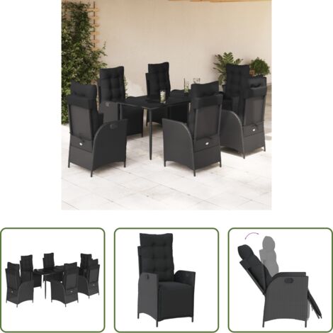 vidaXL Tavolo da giardino -  Set da Pranzo da Giardino 7 pz Nero con Cuscini in Polyrattan