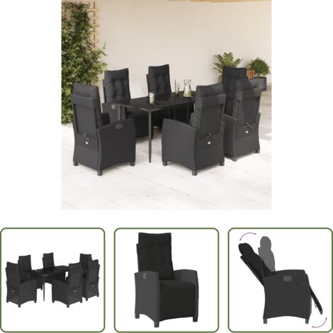 vidaXL Tavolo da giardino -  Set da Pranzo da Giardino 7 pz Nero con Cuscini in Polyrattan