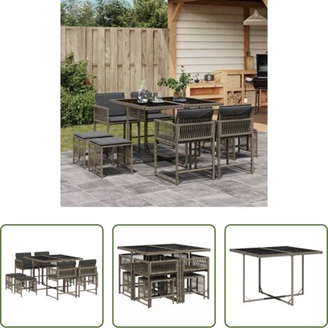 vidaXL Tavolo da giardino -  Set da Pranzo da Giardino 9 pz con Cuscini in Polyrattan Grigio