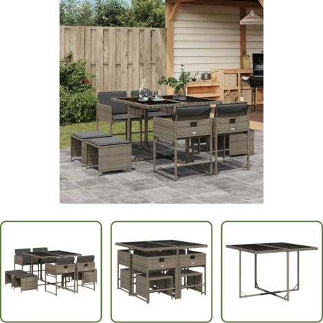 vidaXL Tavolo da giardino -  Set da Pranzo da Giardino 9 pz con Cuscini in Polyrattan Grigio