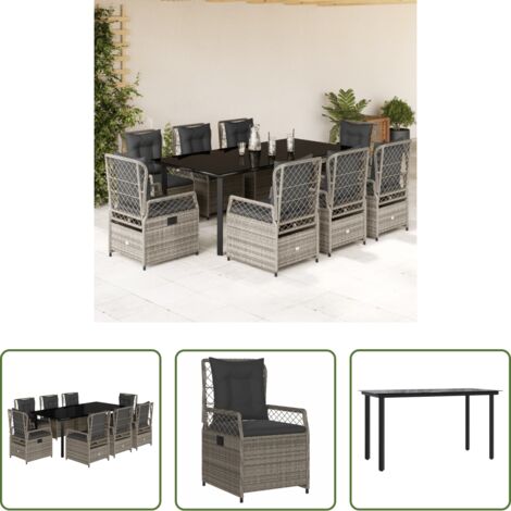 vidaXL Tavolo da giardino -  Set da Pranzo da Giardino 9 pz con Cuscini in Polyrattan Grigio