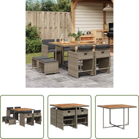 vidaXL Tavolo da giardino -  Set da Pranzo da Giardino 9 pz con Cuscini in Polyrattan Grigio