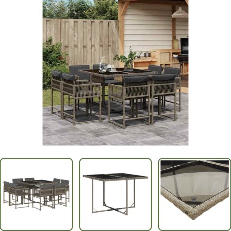 vidaXL Tavolo da giardino -  Set da Pranzo da Giardino 9 pz con Cuscini in Polyrattan Grigio