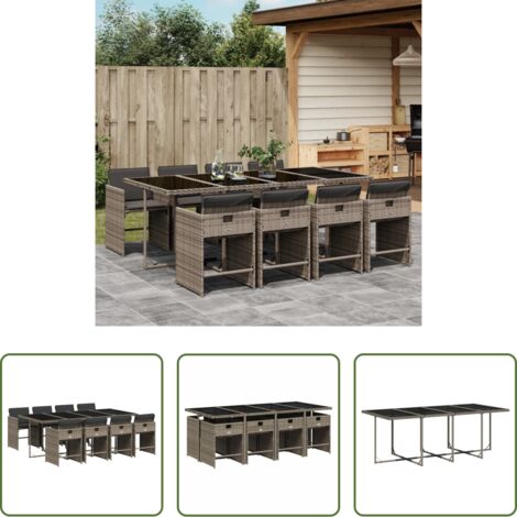 vidaXL Tavolo da giardino -  Set da Pranzo da Giardino 9 pz con Cuscini in Polyrattan Grigio
