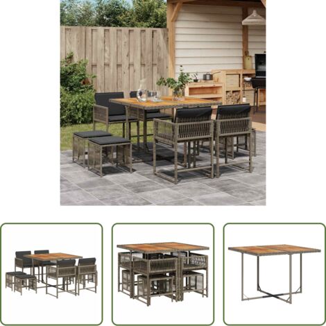 vidaXL Tavolo da giardino -  Set da Pranzo da Giardino 9 pz con Cuscini in Polyrattan Grigio