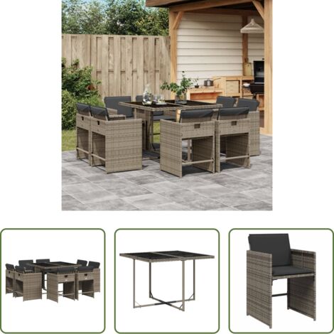 vidaXL Tavolo da giardino -  Set da Pranzo da Giardino 9 pz con Cuscini in Polyrattan Grigio