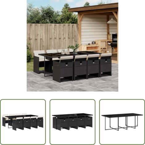 vidaXL Tavolo da giardino -  Set da Pranzo da Giardino 9 pz con Cuscini Nero in Polyrattan