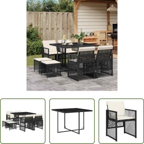 vidaXL Tavolo da giardino -  Set da Pranzo da Giardino 9 pz con Cuscini Nero in Polyrattan