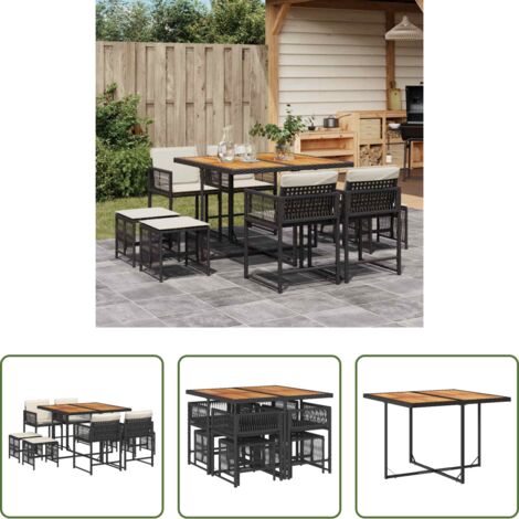 vidaXL Tavolo da giardino -  Set da Pranzo da Giardino 9 pz con Cuscini Nero in Polyrattan