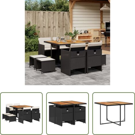 vidaXL Tavolo da giardino -  Set da Pranzo da Giardino 9 pz con Cuscini Nero in Polyrattan