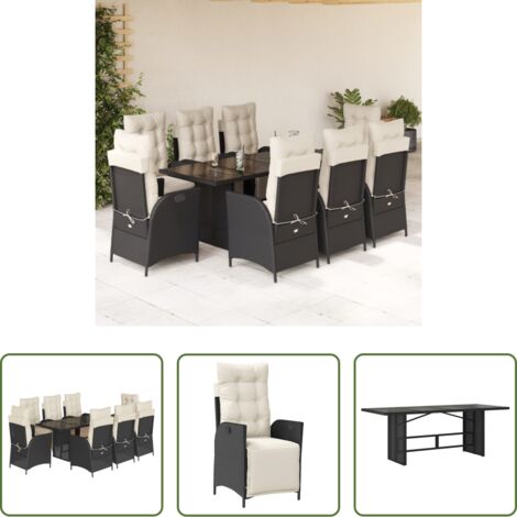 vidaXL Tavolo da giardino -  Set da Pranzo da Giardino 9 pz con Cuscini Nero in Polyrattan