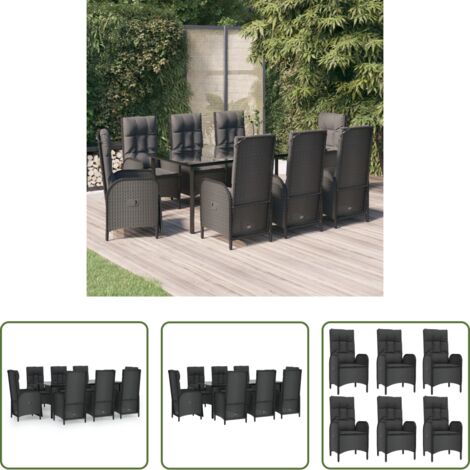 vidaXL Tavolo da giardino -  Set da Pranzo da Giardino 9 pz con Cuscini Nero in Polyrattan