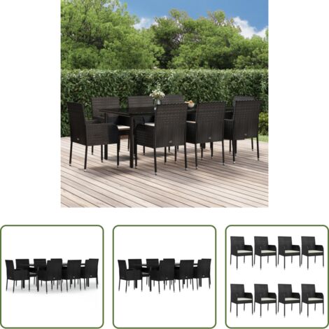 vidaXL Tavolo da giardino -  Set da Pranzo da Giardino 9 pz con Cuscini Nero in Polyrattan