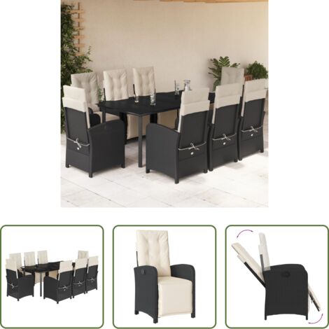 vidaXL Tavolo da giardino -  Set da Pranzo da Giardino 9 pz con Cuscini Nero in Polyrattan