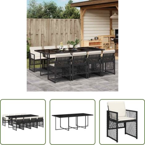 vidaXL Tavolo da giardino -  Set da Pranzo da Giardino 9 pz con Cuscini Nero in Polyrattan