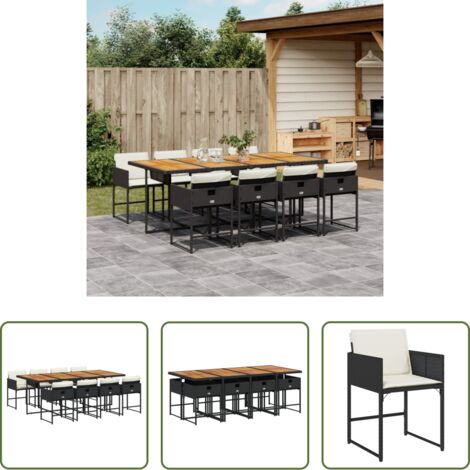 vidaXL Tavolo da giardino -  Set da Pranzo da Giardino 9 pz con Cuscini Nero in Polyrattan