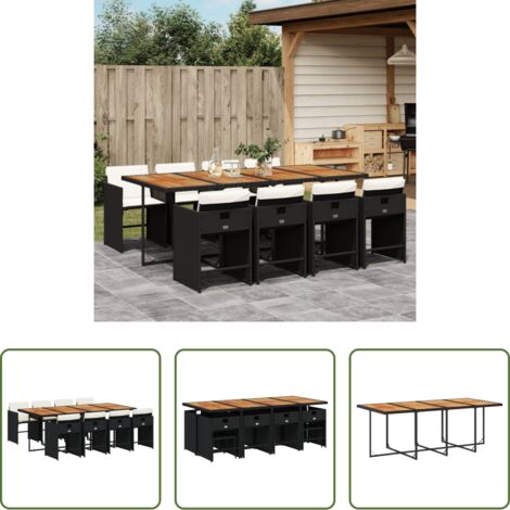 vidaXL Tavolo da giardino -  Set da Pranzo da Giardino 9 pz con Cuscini Nero in Polyrattan