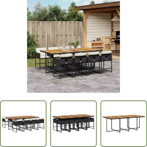vidaXL Tavolo da giardino -  Set da Pranzo da Giardino 9 pz con Cuscini Nero in Polyrattan
