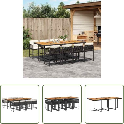 vidaXL Tavolo da giardino -  Set da Pranzo da Giardino 9 pz con Cuscini Nero in Polyrattan