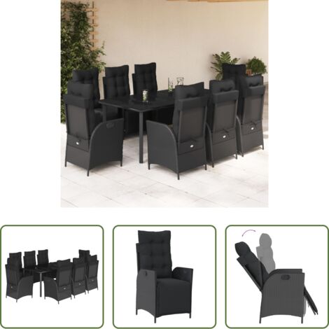vidaXL Tavolo da giardino -  Set da Pranzo da Giardino 9 pz con Cuscini Nero in Polyrattan