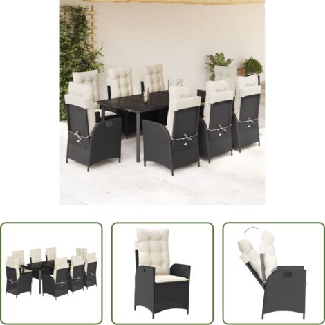 vidaXL Tavolo da giardino -  Set da Pranzo da Giardino 9 pz con Cuscini Nero in Polyrattan