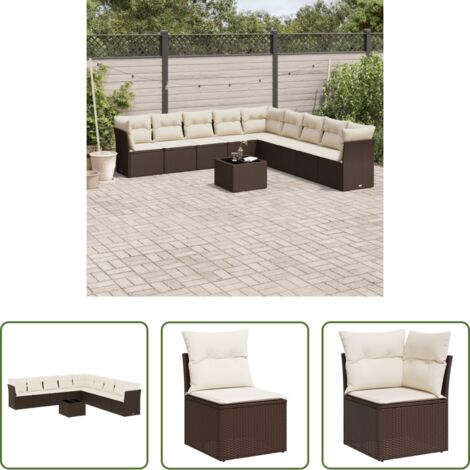 vidaXL Tavolo da giardino -  Set Divani da Giardino 10pz con Cuscini in Polyrattan Marrone