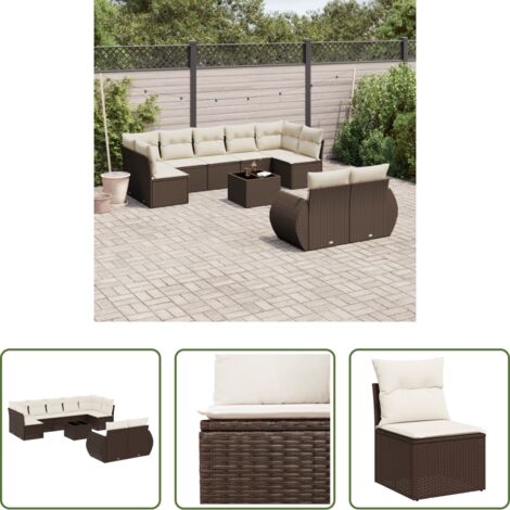 vidaXL Tavolo da giardino -  Set Divani da Giardino 10pz con Cuscini in Polyrattan Marrone