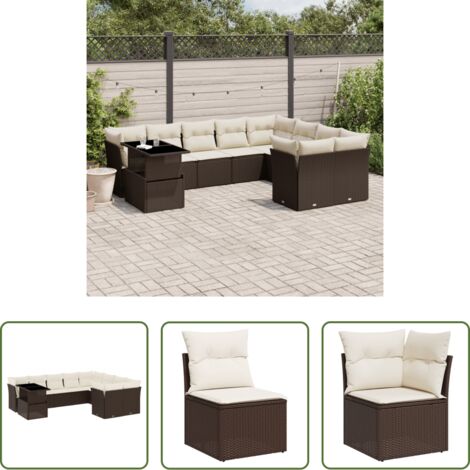 vidaXL Tavolo da giardino -  Set Divani da Giardino 10pz con Cuscini in Polyrattan Marrone