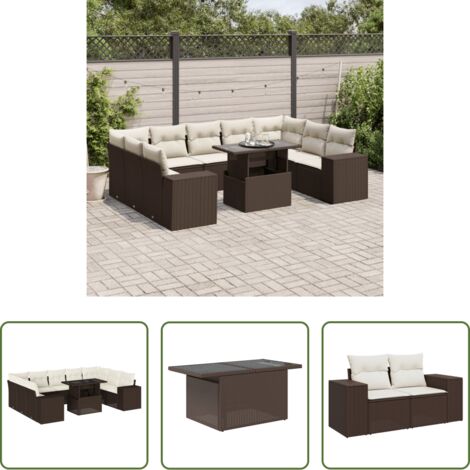 vidaXL Tavolo da giardino -  Set Divani da Giardino 10pz con Cuscini in Polyrattan Marrone