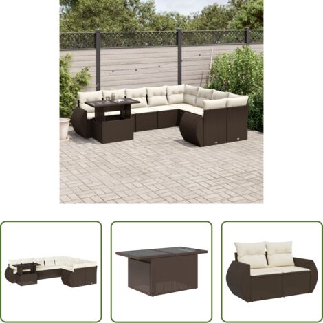 vidaXL Tavolo da giardino -  Set Divani da Giardino 10pz con Cuscini in Polyrattan Marrone
